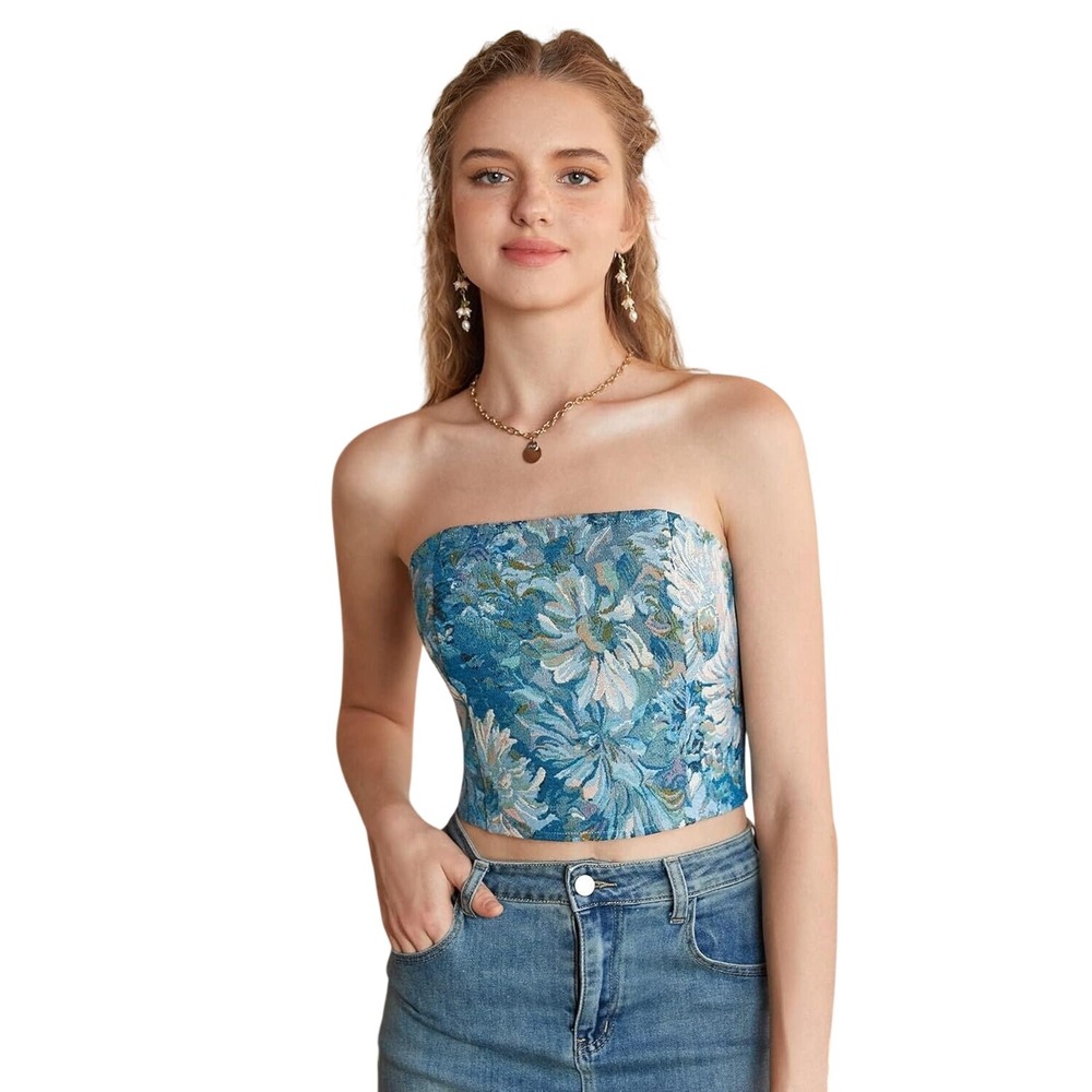 Sofie the Label Blue Floral Tapestry Corset Top Strapless Jacquard S Whimsical